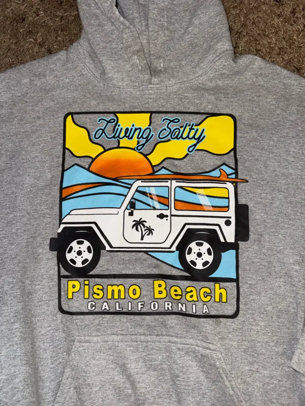 Pismo Beach 'Living Salty' Graphic Hoodie - Gray with Yellow & Blue size Medium - Image 3