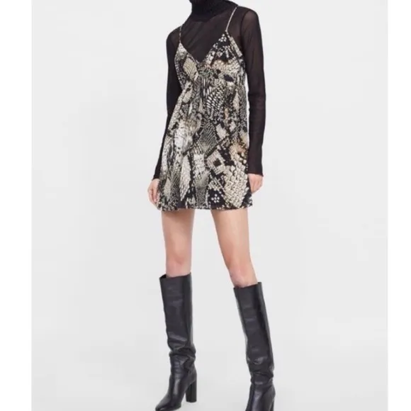 🖤 ZARA Woman Snakeskin Print Mini Dress Tie Back Adjustable Straps Sz XS🖤 - Image 6