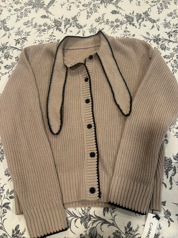 Commence Tie Neck Contrast Trim Wool Blend Cardigan - Image 3