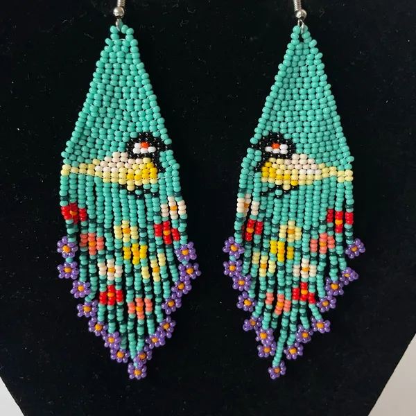 Handmade Colorful Beaded Dangle Earrings with bird and flowers 🌺 - Image 2