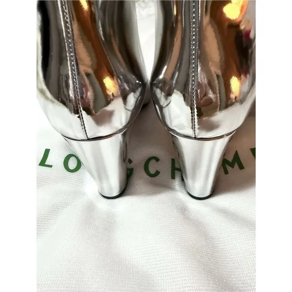 Longchamp Mirror Metallic Silver Logo Heeled Ankle Boot Designer 37 - Image 9