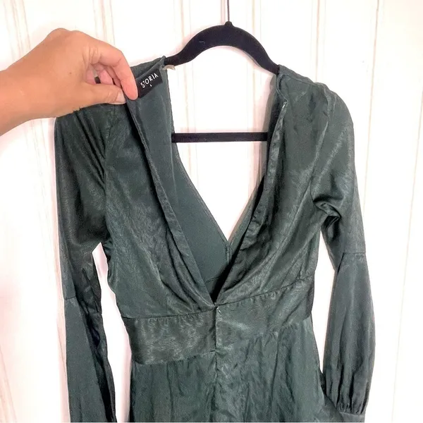 Storia Emerald Green Jacquard V-Neck Ruffle Mini Dress Small 857 - Image 8