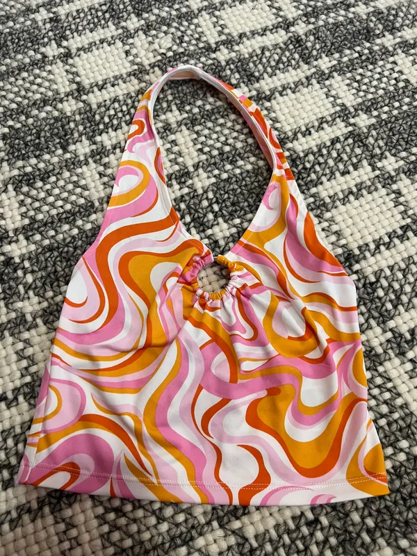 H&M Pink Orange White Patterned Retro Halter Crop Top - Image 3
