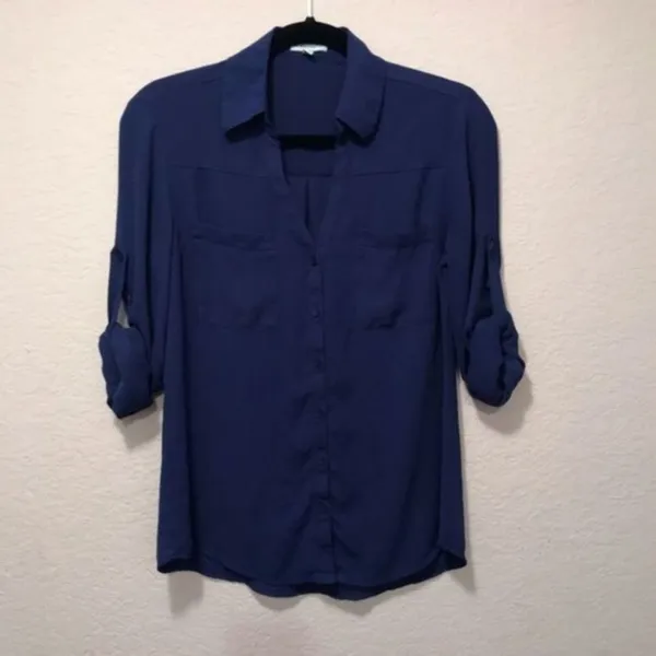 NWOT. Express roll up dark blue button down blouse - Image 3