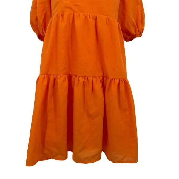 OWNGIGI Mini Dress Women XL Orange Excellent Tiered Puff Sleeve Tie Back Cotton - Image 3