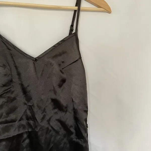 Women's silky black lingerie chemise‎ dress spaghetti straps lace up sides - Image 2