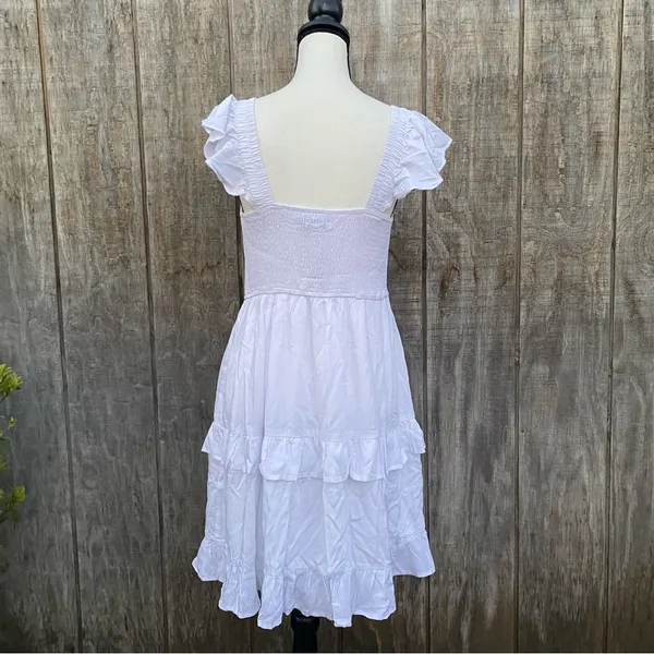 LEANI White Ruffle Smocked Babydoll Lined Tiered Mini Dress Size L - Image 2