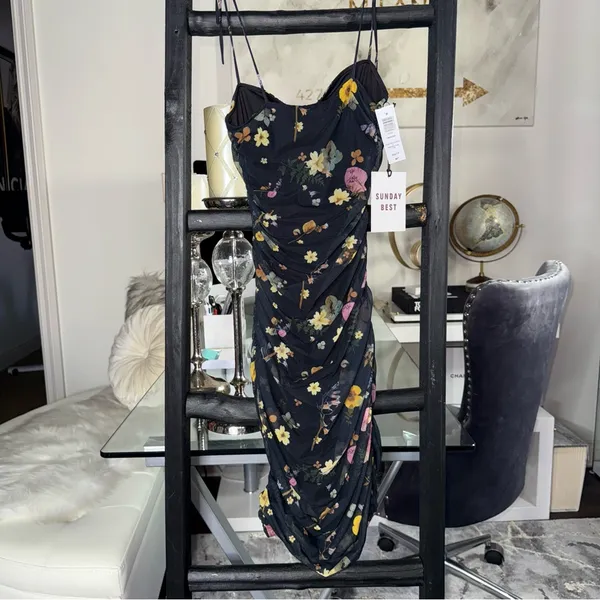 Aritzia Sunday Best XXS Caruso Black Floral Mesh Midi Dress Ruched Bodycon New - Image 11