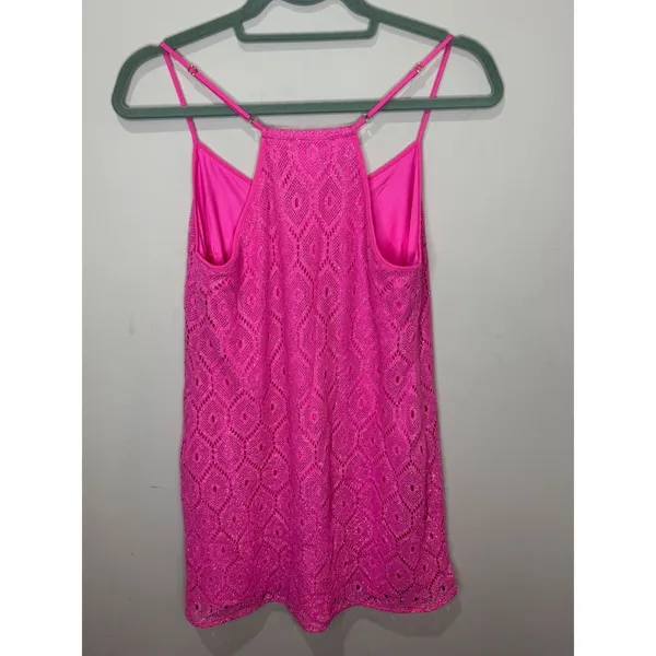 Lilly Pulitzer Dusk Pop Pink Metallic Shimmer Lace Slip‎ Mini Dress Crochet sz S - Image 2
