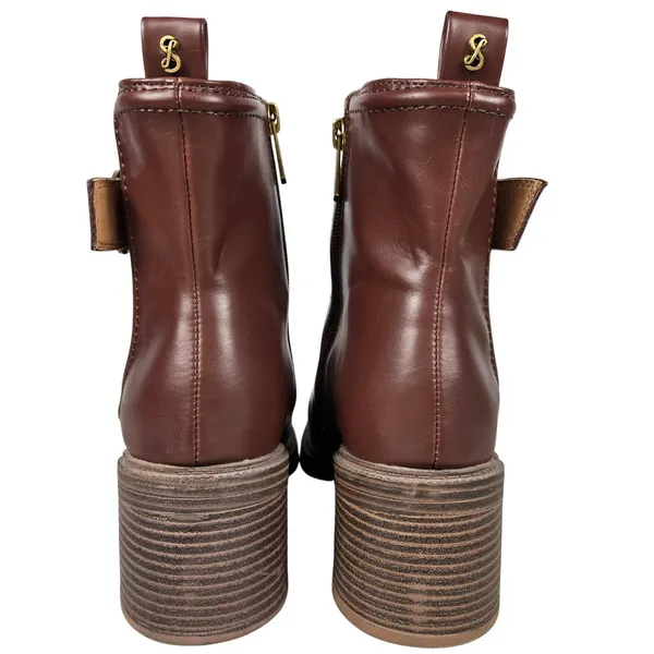 Sam & Libby Natalia Brown Faux Leather Buckle Stacked Heel Ankle Boots 9.5M - Image 3