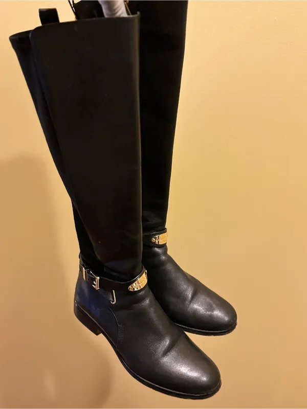 MICHAEL Michael Kors Black Leather Knee-High Boots with Gold Hardware - Image 2