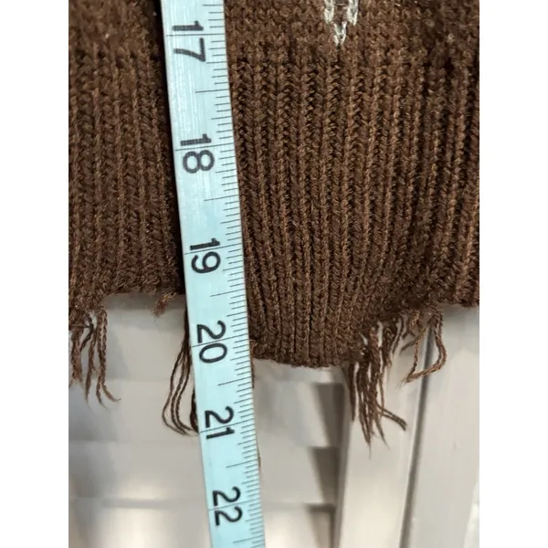 Just Polly‎ Argyle Knit Crop Sweater V Neck Long Sleeve Size Large Soft Fray Hem - Image 3