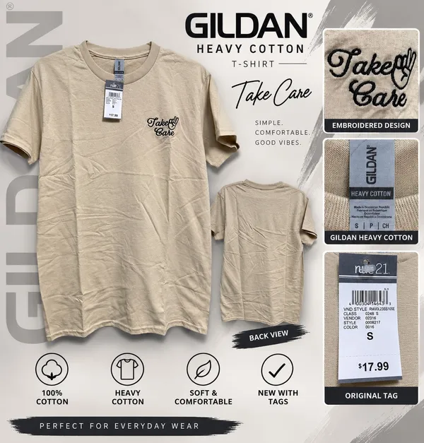 Gildan Heavy Cotton Take Care Embroidered T-Shirt Beige Tan Size S New With Tags - Image 2