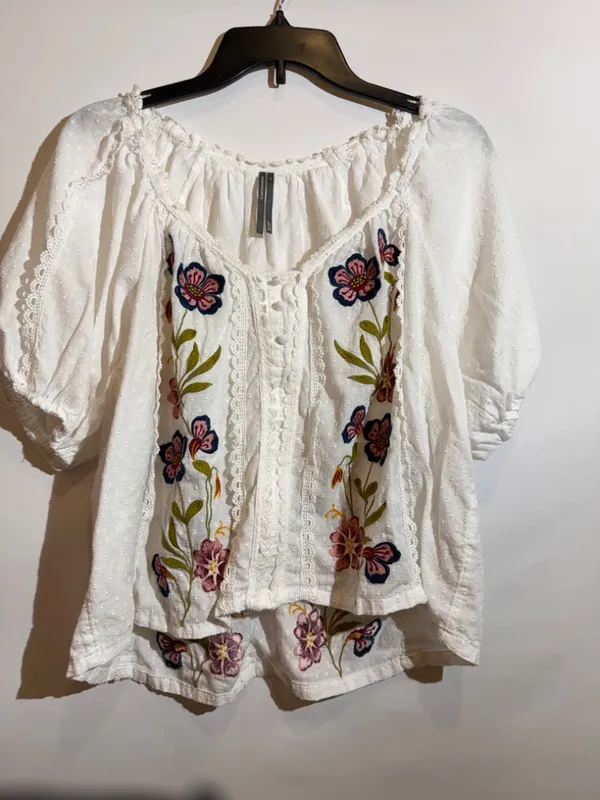Anthropologie Embroidered Puff Sleeve Swing Floral Blouse Boho Cotton Top Size M - Image 2