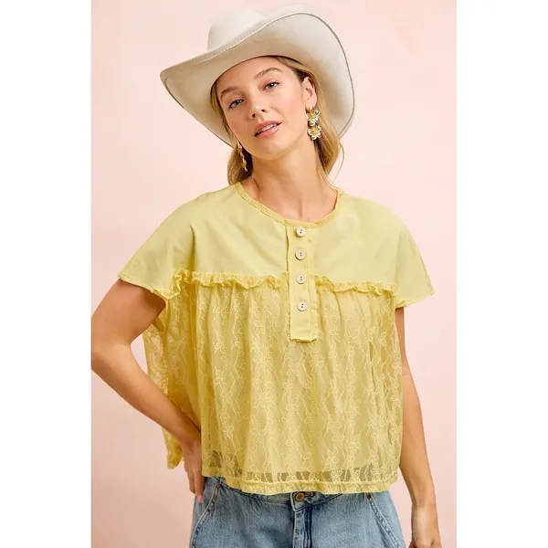 BiBi Solid Jersey With Lace Combo Ruffled Buttoned Top - Image 2