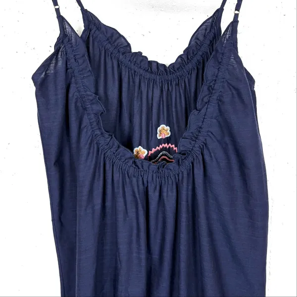 Anthropologie Malika Embroidered Dress Low Scoop Back Ruffle Hem Navy Blue XS - Image 10