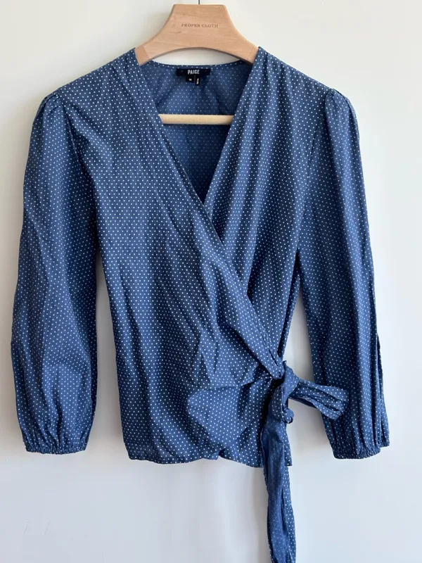 PAIGE Aeldra Wrap Top Blue White Dot Print Long Sleeve Blouse Size M - Image 2
