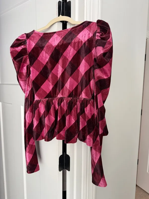 Maeve pink checkered babydoll Anthropologie‎ tie front peplum top - Image 5