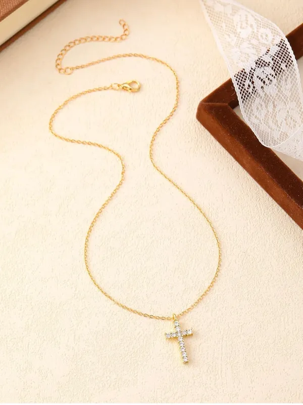 Gold Alloy Crystal Cross Pendant Necklace Cable Chain Lobster Clasp 15.75" Adj - Image 7