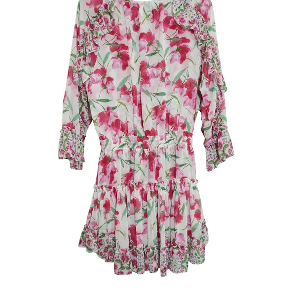 MISA Los Angeles Size Medium Pink Floral‎ Ruffle Mini Dress Smocked Waist Girly - Image 9