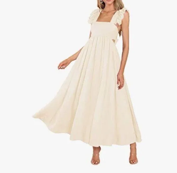 NEW Flutter Sleeve Square Neck Tie Back A-Line Maxi Dress Pocket L - Image 2
