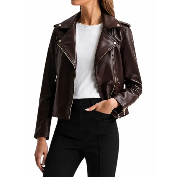 Reiss Leiya Lamb Leather Moto Jacket In Berry Brownish Red Size 4 - Image 3