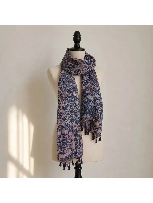 Pink Navy Blue Paisley Scarf Floral Boho Fringe Lightweight Long Wrap - Image 2
