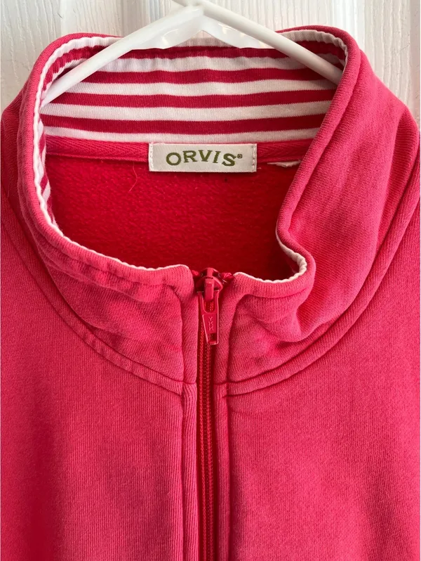 Orvis Womens Pink Full Zip Sweatshirt Mock Neck Stripe Trim XL (No Size Tag) - Image 3