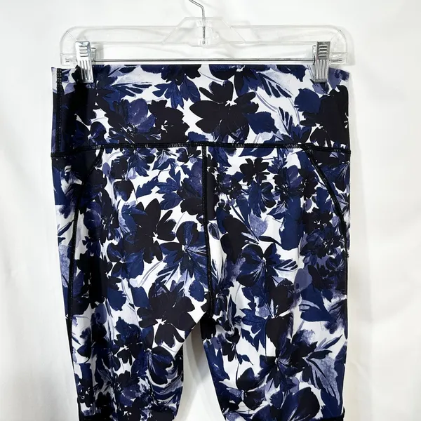 Fabletics XL Leggings High Waisted Blue Floral Print‎ Black Contrast Ruched 1036 - Image 8