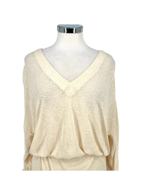Free People Beach Bambi Mini Dress Ruched Sleeve V-Neck Ivory Cream Size Large - Image 2