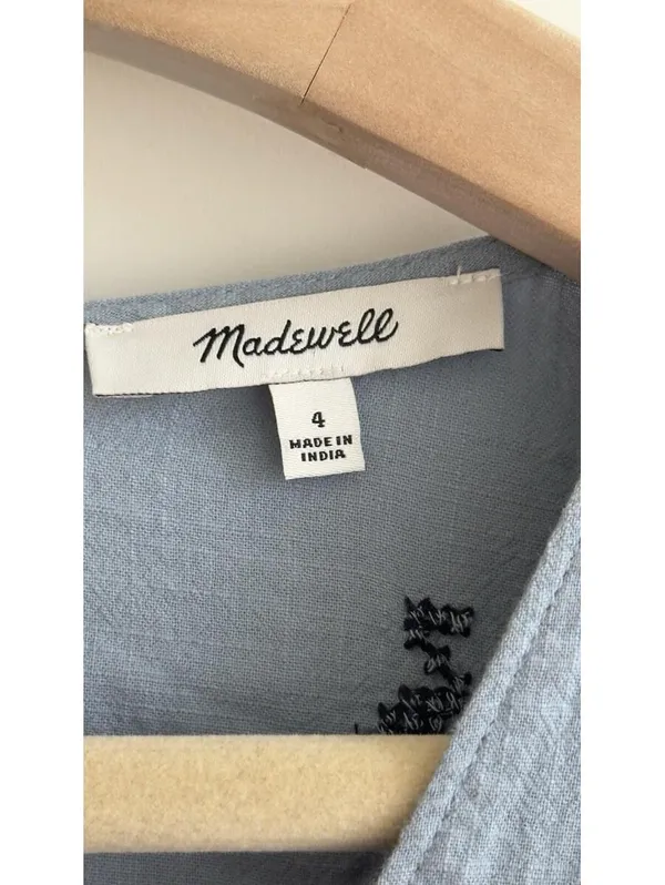Madewell Embroidered Foldover V-Neck Mini Dress Terrace Blue Cotton Puff Sleeve - Image 5
