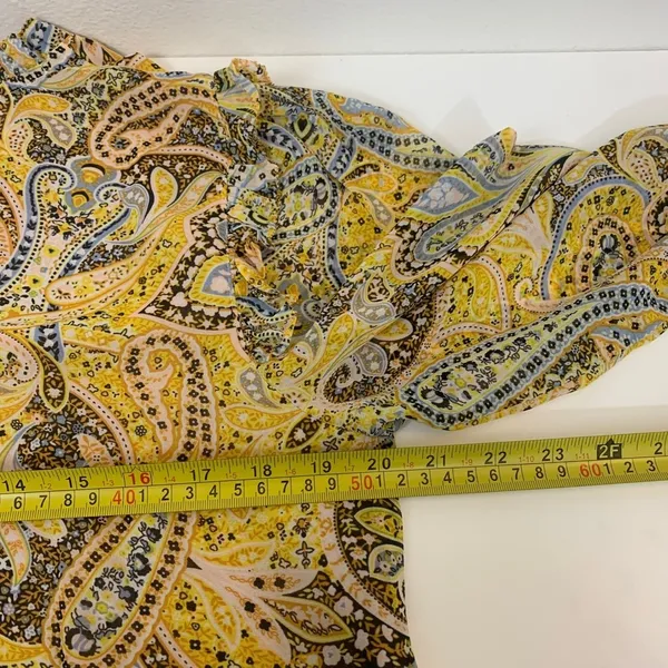Ann Taylor Womens M Yellow Paisley Smocked Hem Wrap V-Neck Blouse Long Sleeve - Image 4