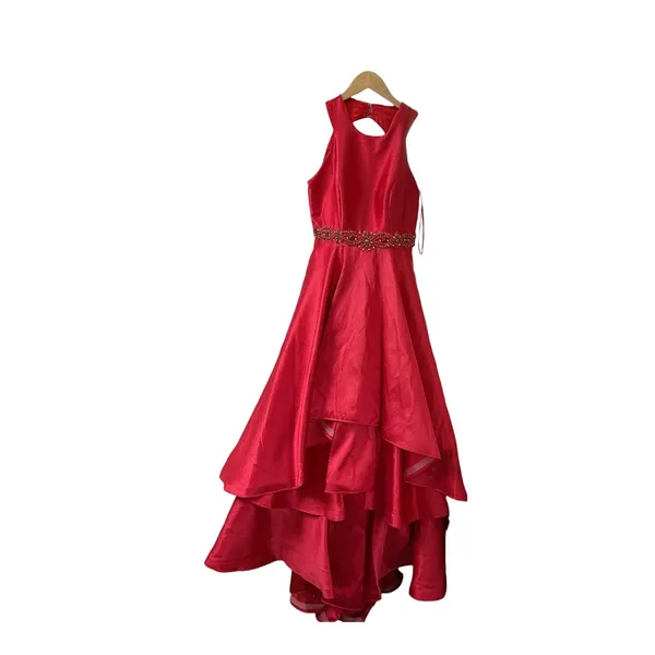 Mac Duggal Red Tiered‎ Ruffle Beaded Waist High Neck Ball Gown Dress Size 8 - Image 16