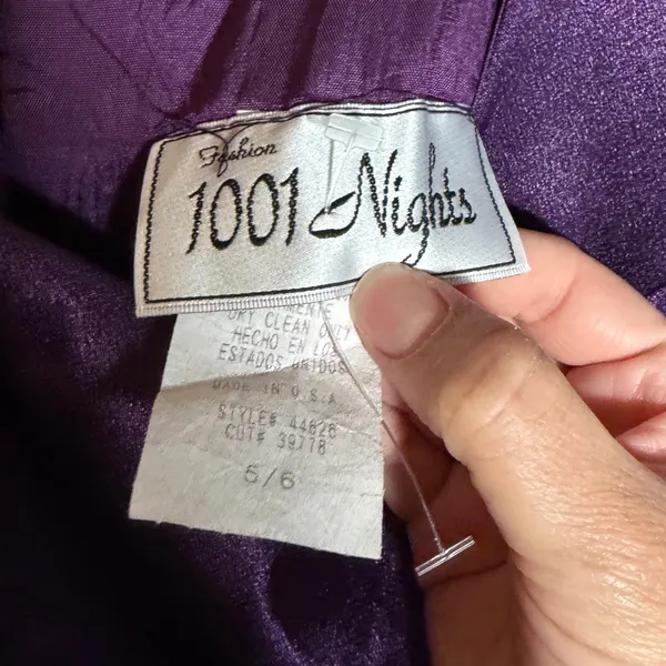 1001 Nights Vintage Purple Satin Empire Waist Maxi‎ Dress Short Sleeve Size 5/6 - Image 4