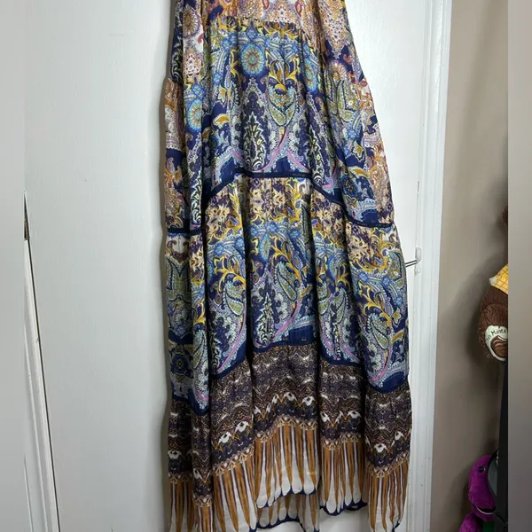 Johanne Beck Floral Paisley Print Silk Lace Tiered Maxi Dress Strap Boho. SZ S/M - Image 4
