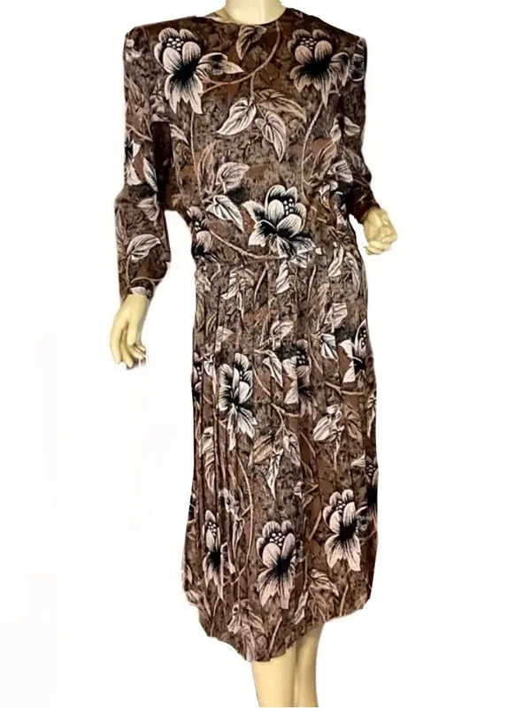 Vintage 1980'S Alexis Fashions Brown & Black Floral Print (L) - Image 3