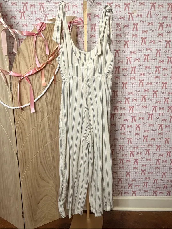 Free People Cream & Navy PinStriped Linen Tie-Shoulder Wide Leg Crop Jumpsuit 2 - Image 4