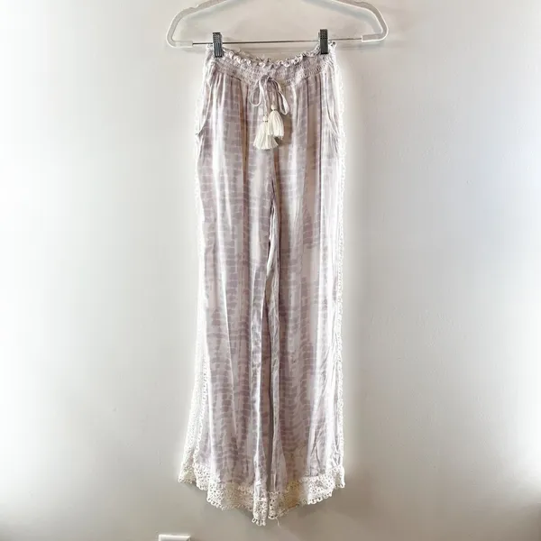 Surf Gypsy Tie Dye Smocked Drawstring Crochet Hem Wide Leg Pants White Purple - Image 3
