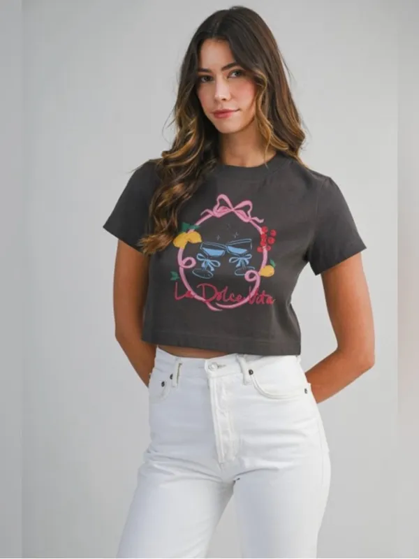 Mable La Dolce Vita Graphic Crop Tee White – Medium - Image 8