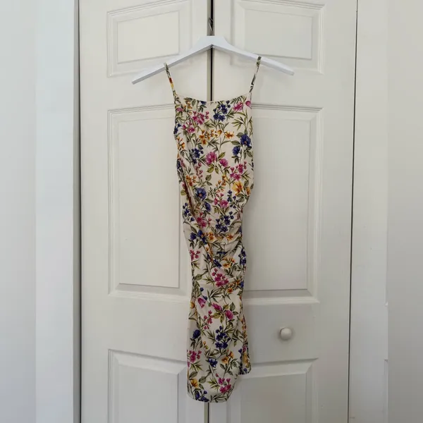 en saison Valeria Mini Dress Cream Multi-Color Floral Criss Cross Back Small - Image 5