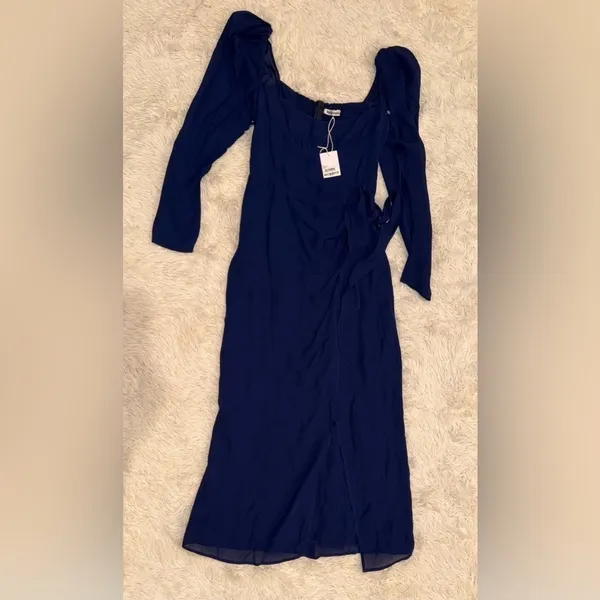NWT REFORMATION Navy Blue Theo Wrap Sweetheart Long Puff Sleeve Midi Dress sz 2 - Image 3