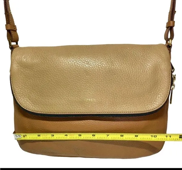 Fossil Crossbody Satchel Tan Brown Pebbled Leather multi pocket - Image 12