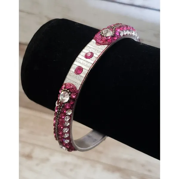 Vintage Bracelet / Bangle Pink & Silver Tone with Clear Gems - Image 3