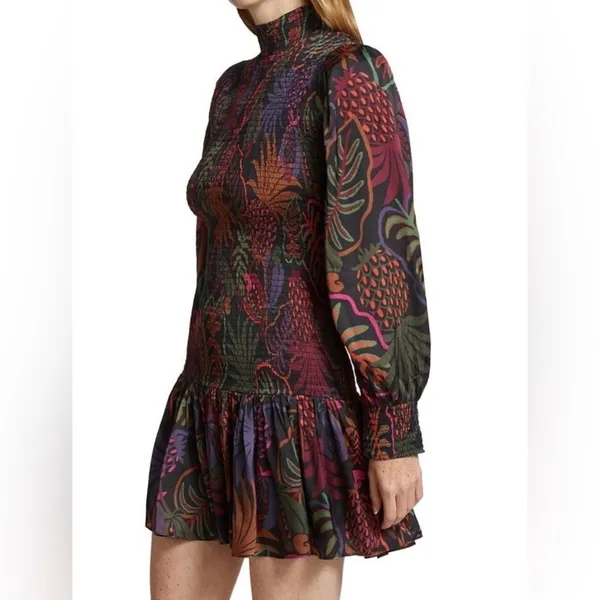 FARM Rio Frutis Dress Smocked Long Blouson Sleeve Drop Waist Multi Color Size XS - Image 3