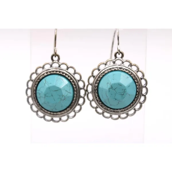 Silver Faux Turquoise Dangle Earrings Ornate Framing Southwest Boho Silver Tone - Image 3