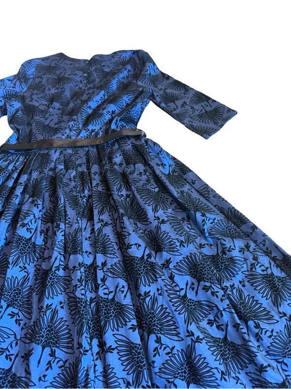 Voodoo Vixen Blue Black Bird Print Belted Fit Flare Midi Dress Medium Women's - Image 13