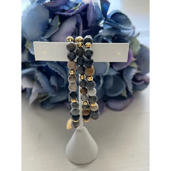 Beaded Stretch Bracelet Set Natural Stone Gray‎ Brown Gold Charm Boho Stacking - Image 3
