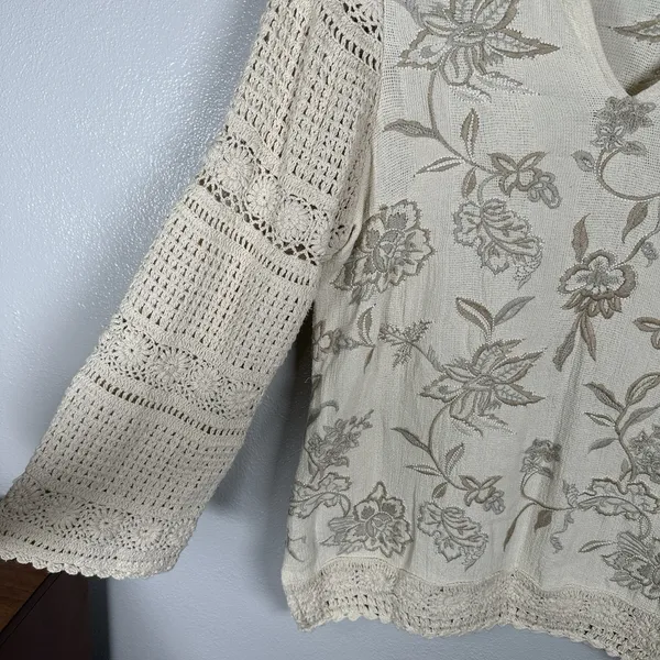 Soft Surroundings XL Ivory Beige Floral Embroidered Crochet Knit Sleeves Coastal - Image 3