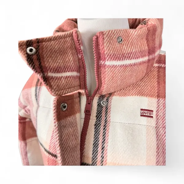 Levi's Plaid Coat Jacket M Quilted‎ Pink White Cabincore Flannel Winter Trucker - Image 4