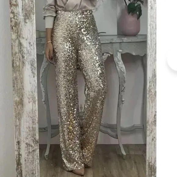 Impressions Sequins Tan & Gold Palazzo Flair Hem Pants L - Image 2